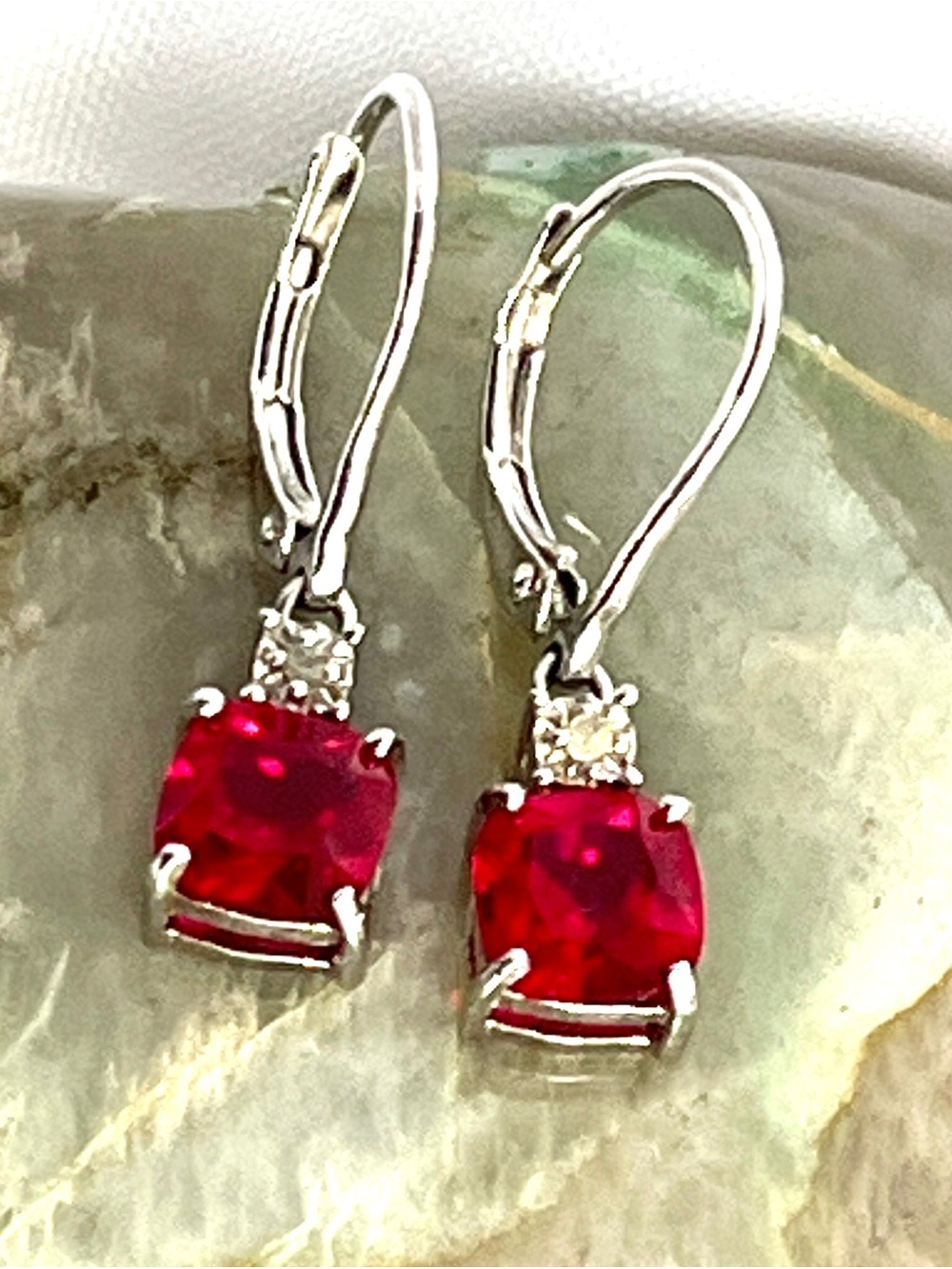 Stunning FAS THAI Sterling & Lab Created Ruby w/Accent Diamond Pierced Earrings